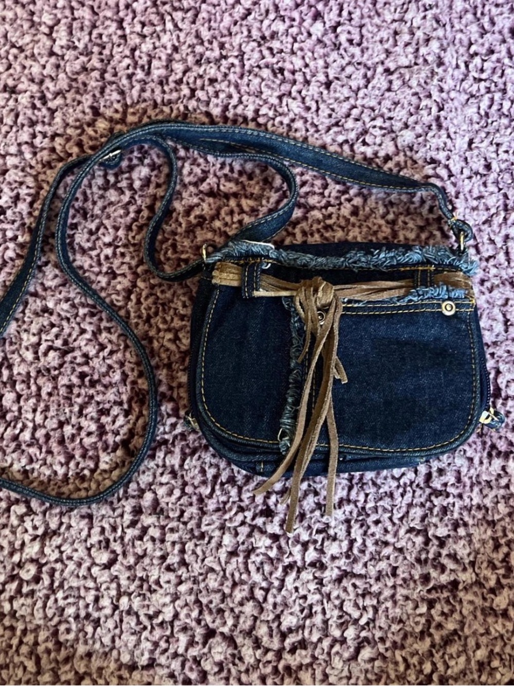 Denim Crossbody Bag with Brown Suede Tie